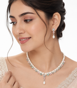 Pearl necklace & earrings set with pastel gemstones drop earrings included, pink & green stones, pearl drop pendant.
