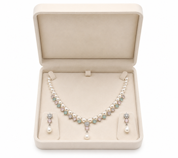 Pearl necklace & earrings set with pastel gemstones drop earrings included, pink & green stones, pearl drop pendant. 2