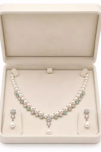 Pearl necklace & earrings set with pastel gemstones drop earrings included, pink & green stones, pearl drop pendant.