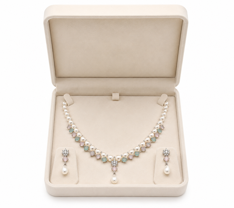 Pearl necklace & earrings set with pastel gemstones drop earrings included, pink & green stones, pearl drop pendant.