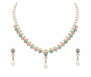 Pearl necklace & earrings set with pastel gemstones drop earrings included, pink & green stones, pearl drop pendant. 3