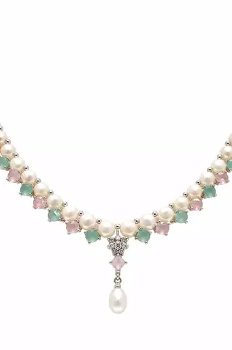 Pearl necklace & earrings set with pastel gemstones drop earrings included, pink & green stones, pearl drop pendant.