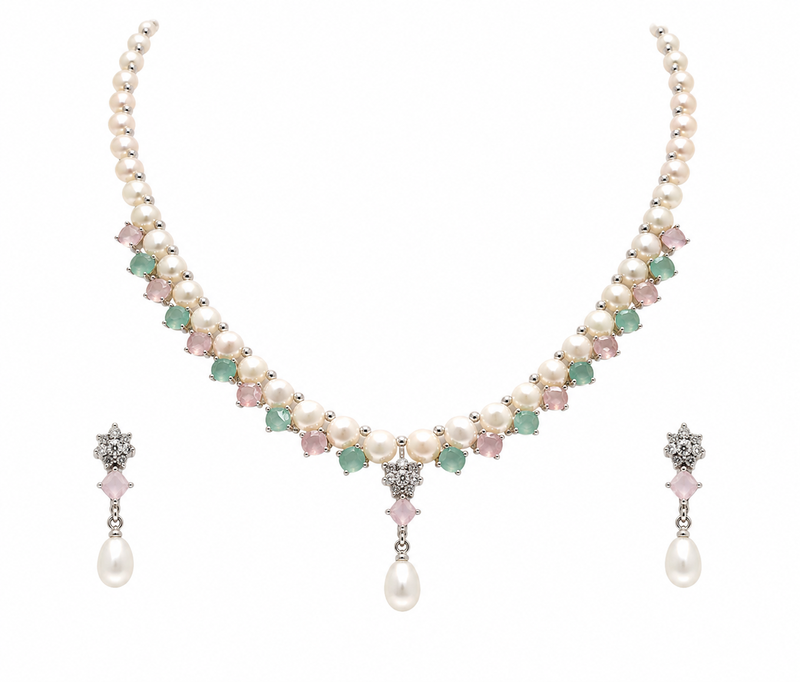Pearl necklace & earrings set with pastel gemstones drop earrings included, pink & green stones, pearl drop pendant.