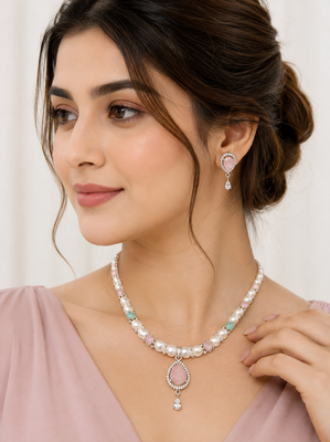 Pearl necklace & earrings set with pink stone pendant teardrop cz pendant, mint green accents, drop earrings included. 1