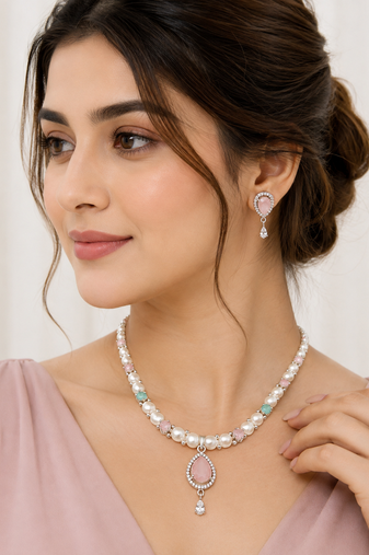Pearl necklace & earrings set with pink stone pendant teardrop cz pendant, mint green accents, drop earrings included.