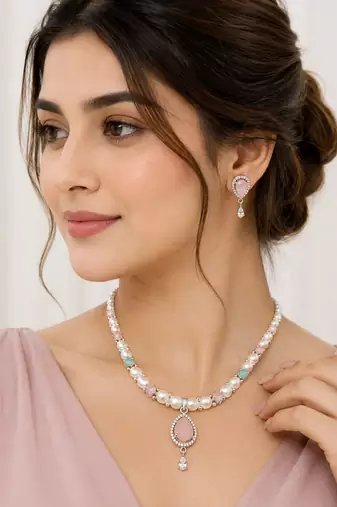 Pearl necklace & earrings set with pink stone pendant teardrop cz pendant, mint green accents, drop earrings included.