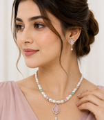 Pearl necklace & earrings set with pink stone pendant teardrop cz pendant, mint green accents, drop earrings included.