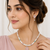 Pearl necklace & earrings set with pink stone pendant teardrop cz pendant, mint green accents, drop earrings included.