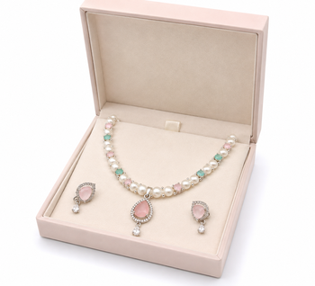 Pearl necklace & earrings set with pink stone pendant teardrop cz pendant, mint green accents, drop earrings included. 2