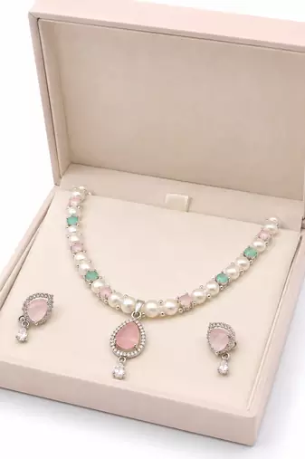 Pearl necklace & earrings set with pink stone pendant teardrop cz pendant, mint green accents, drop earrings included.