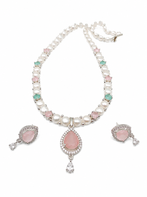 Pearl necklace & earrings set with pink stone pendant teardrop cz pendant, mint green accents, drop earrings included. 3