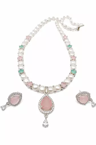 Pearl necklace & earrings set with pink stone pendant teardrop cz pendant, mint green accents, drop earrings included.