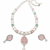 Pearl necklace & earrings set with pink stone pendant teardrop cz pendant, mint green accents, drop earrings included.