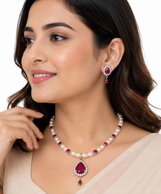 Pearl & ruby stone necklace set with matching earrings teardrop pendant, cz stone accents, pearl str& chain. 1
