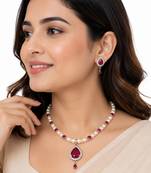 Pearl & ruby stone necklace set with matching earrings teardrop pendant, cz stone accents, pearl str& chain.
