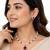 Pearl & ruby stone necklace set with matching earrings teardrop pendant, cz stone accents, pearl str& chain.