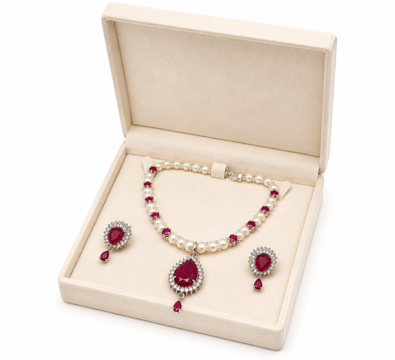 Pearl & ruby stone necklace set with matching earrings teardrop pendant, cz stone accents, pearl str& chain.