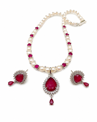 Pearl & ruby stone necklace set with matching earrings teardrop pendant, cz stone accents, pearl str& chain. 3