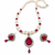 Pearl & ruby stone necklace set with matching earrings teardrop pendant, cz stone accents, pearl str& chain.