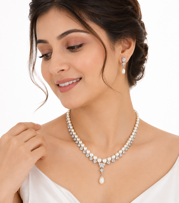 Pearl & cz crystal necklace & earrings jewellery set teardrop pearl pendant, cz stone accents, drop earrings included. 1