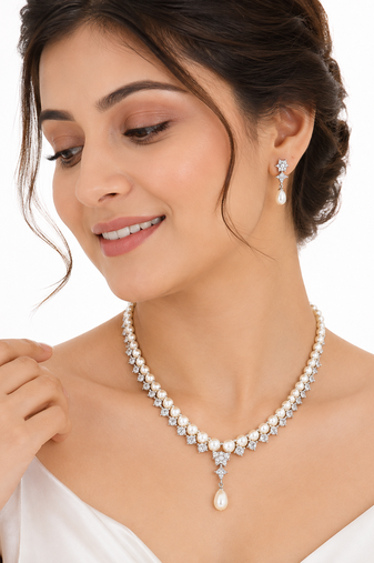 Pearl & cz crystal necklace & earrings jewellery set teardrop pearl pendant, cz stone accents, drop earrings included.