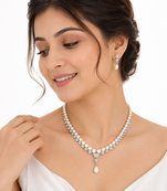Pearl & cz crystal necklace & earrings jewellery set teardrop pearl pendant, cz stone accents, drop earrings included.