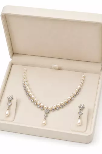 Pearl & cz crystal necklace & earrings jewellery set teardrop pearl pendant, cz stone accents, drop earrings included.