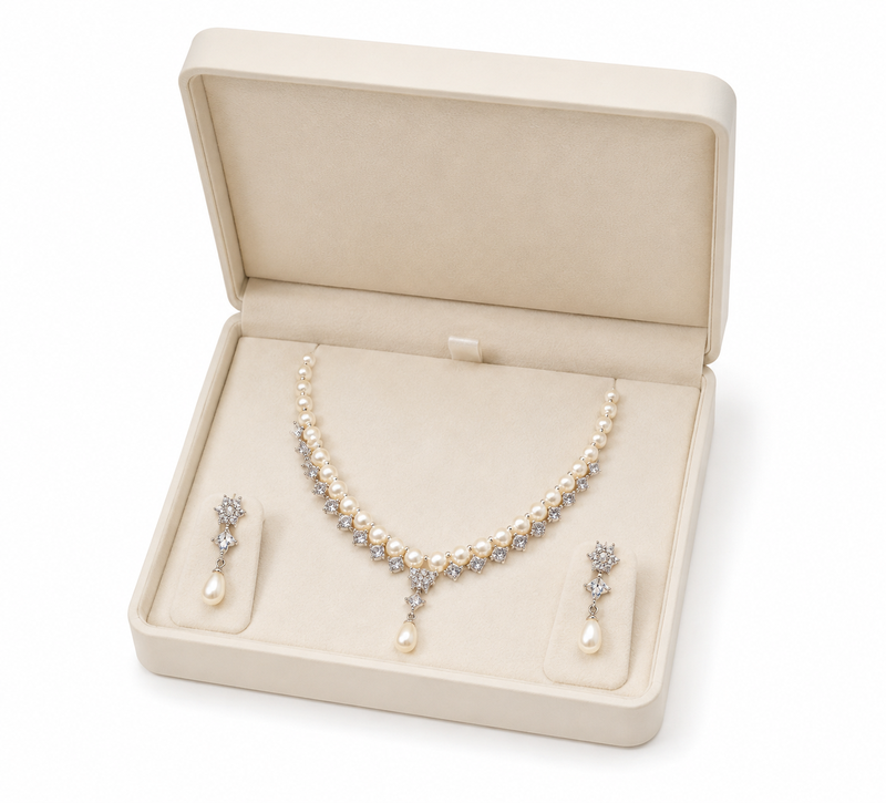 Pearl & cz crystal necklace & earrings jewellery set teardrop pearl pendant, cz stone accents, drop earrings included.