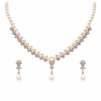 Pearl & cz crystal necklace & earrings jewellery set teardrop pearl pendant, cz stone accents, drop earrings included. 3