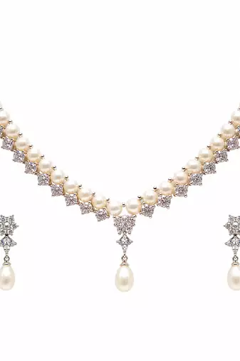 Pearl & cz crystal necklace & earrings jewellery set teardrop pearl pendant, cz stone accents, drop earrings included.