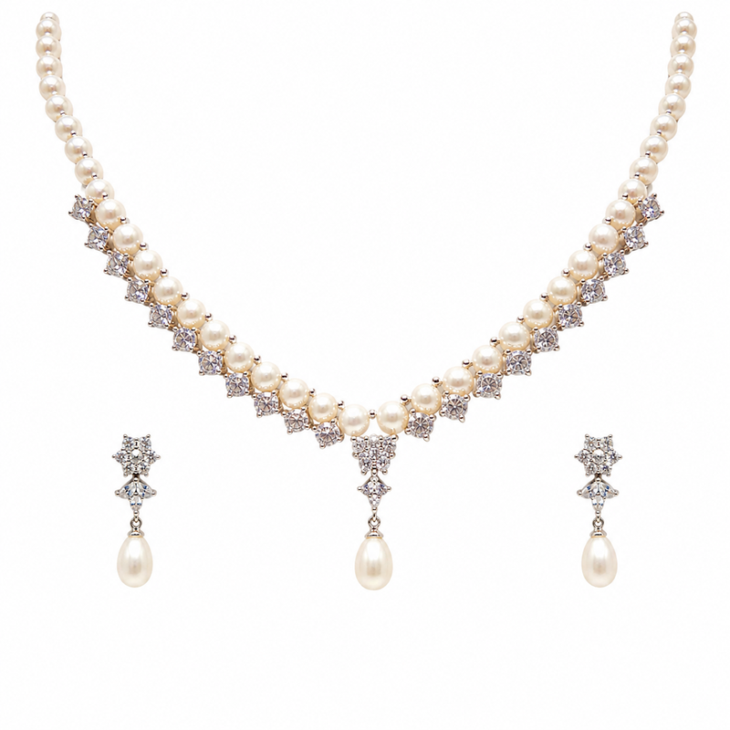 Pearl & cz crystal necklace & earrings jewellery set teardrop pearl pendant, cz stone accents, drop earrings included.