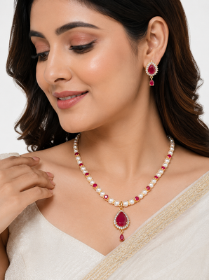 Pearl & ruby stone necklace & earrings jewellery set gold-tone finish,teardrop pendant, bridal wear, white pearl strand. 1