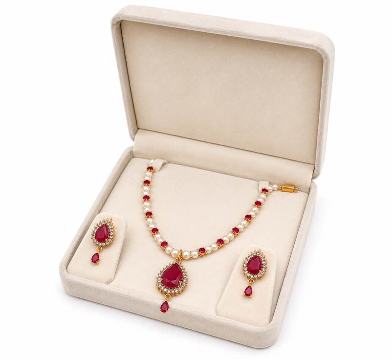 Pearl & ruby stone necklace & earrings jewellery set gold-tone finish,teardrop pendant, bridal wear, white pearl strand.