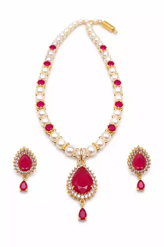 Pearl & ruby stone necklace & earrings jewellery set gold-tone finish,teardrop pendant, bridal wear, white pearl strand.