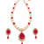 Pearl & ruby stone necklace & earrings jewellery set gold-tone finish,teardrop pendant, bridal wear, white pearl strand.