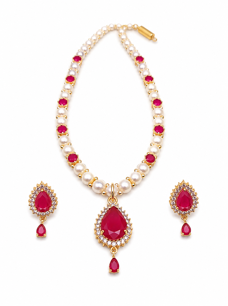 Pearl & ruby stone necklace & earrings jewellery set gold-tone finish,teardrop pendant, bridal wear, white pearl strand.