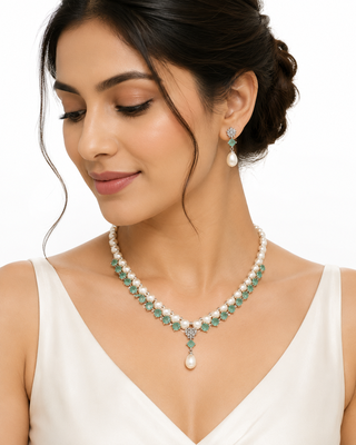 Pearl & emerald green stone necklace and earrings jewellery set drop pearl pendant, matching earrings, bridal wear. 1