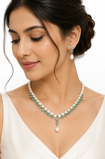 Pearl & emerald green stone necklace and earrings jewellery set drop pearl pendant, matching earrings, bridal wear.