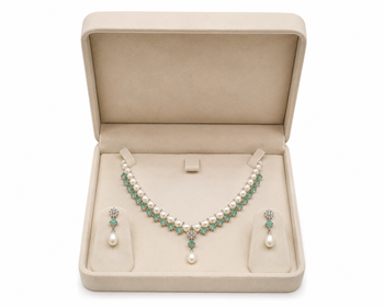 Pearl & emerald green stone necklace and earrings jewellery set drop pearl pendant, matching earrings, bridal wear. 2