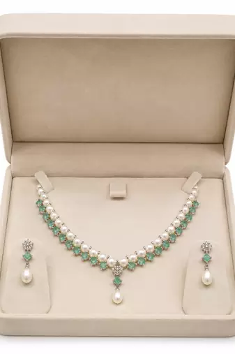 Pearl & emerald green stone necklace and earrings jewellery set drop pearl pendant, matching earrings, bridal wear.