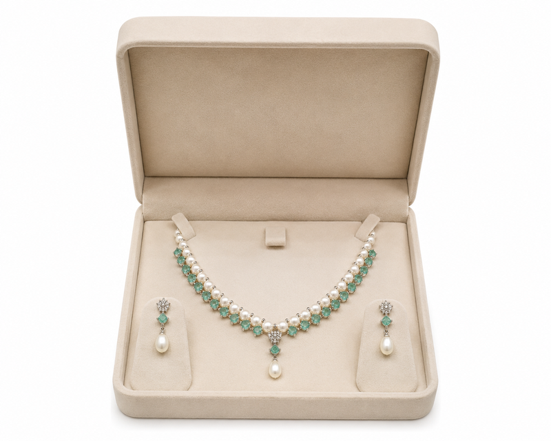 Pearl & emerald green stone necklace and earrings jewellery set drop pearl pendant, matching earrings, bridal wear.