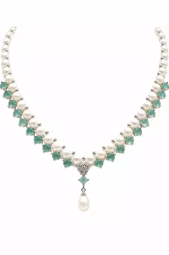 Pearl & emerald green stone necklace and earrings jewellery set drop pearl pendant, matching earrings, bridal wear.