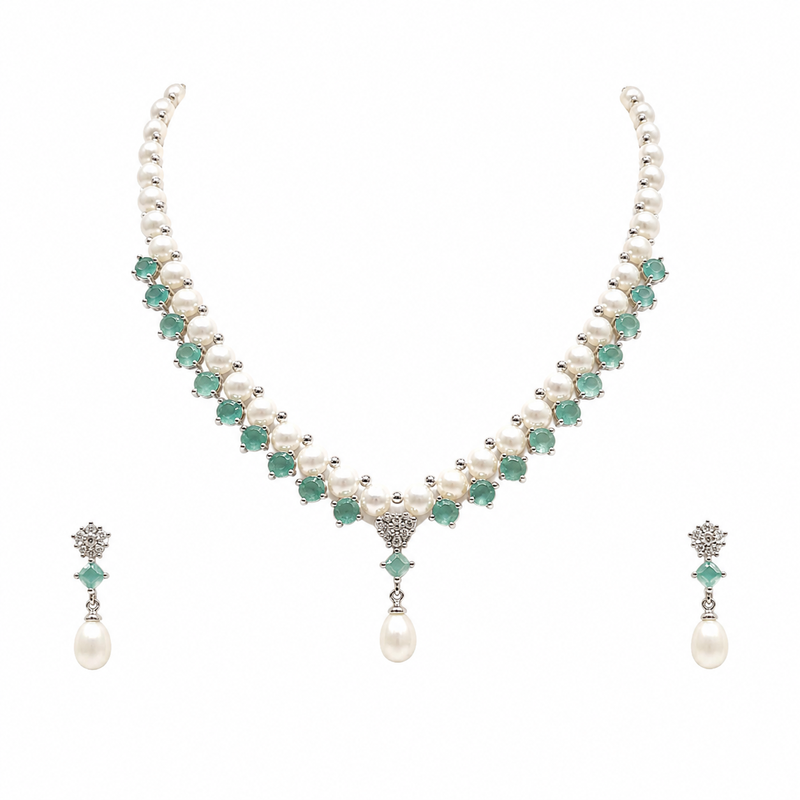 Pearl & emerald green stone necklace and earrings jewellery set drop pearl pendant, matching earrings, bridal wear.