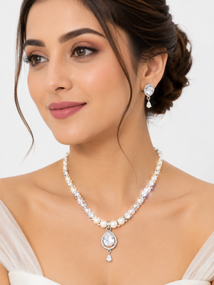 Pearl & crystal teardrop bridal jewellery set, cz stone pendant, drop earrings included, silver-tone finish, freshwater. 1