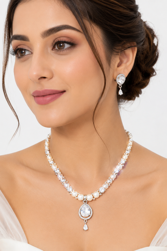 Pearl & crystal teardrop bridal jewellery set, cz stone pendant, drop earrings included, silver-tone finish, freshwater.