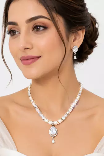 Pearl & crystal teardrop bridal jewellery set, cz stone pendant, drop earrings included, silver-tone finish, freshwater.