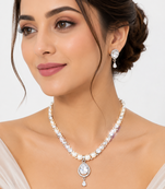 Pearl & crystal teardrop bridal jewellery set, cz stone pendant, drop earrings included, silver-tone finish, freshwater.