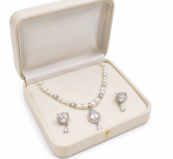 Pearl & crystal teardrop bridal jewellery set, cz stone pendant, drop earrings included, silver-tone finish, freshwater. 2