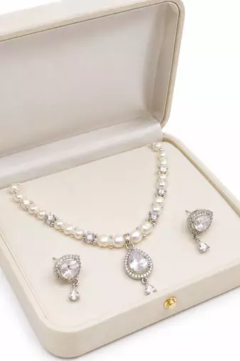 Pearl & crystal teardrop bridal jewellery set, cz stone pendant, drop earrings included, silver-tone finish, freshwater.