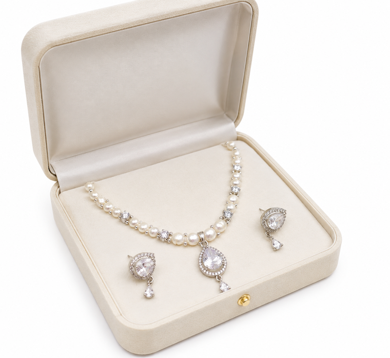 Pearl & crystal teardrop bridal jewellery set, cz stone pendant, drop earrings included, silver-tone finish, freshwater.